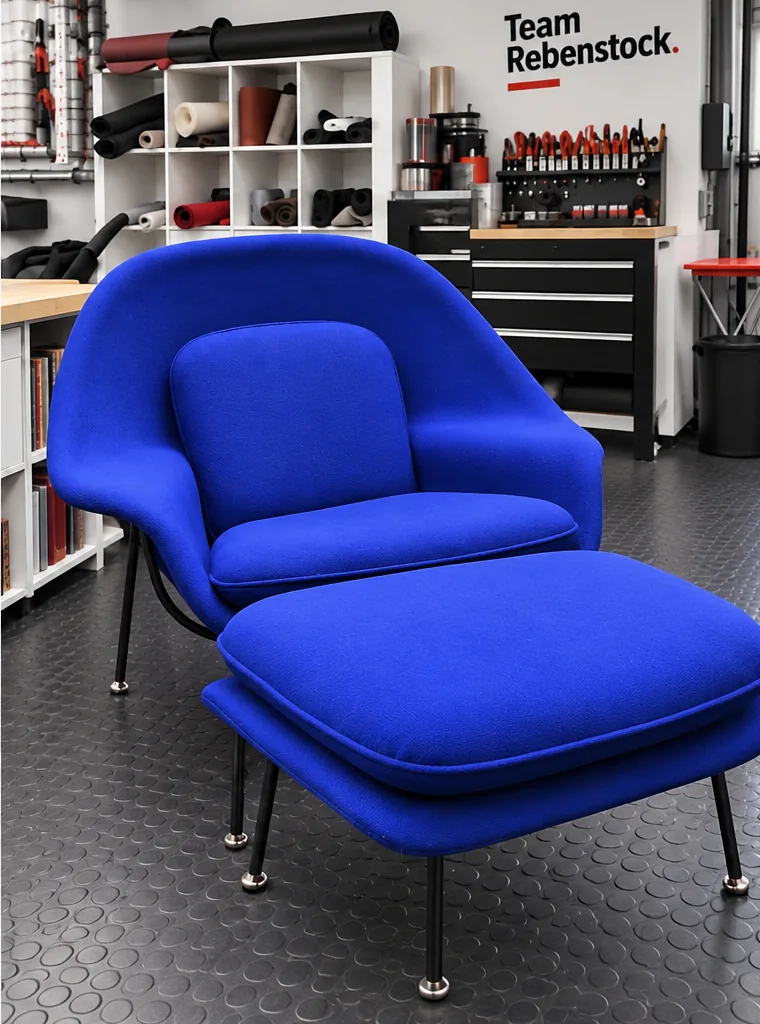 Womb Chair und Hocker nach dem Neubezug in Blau