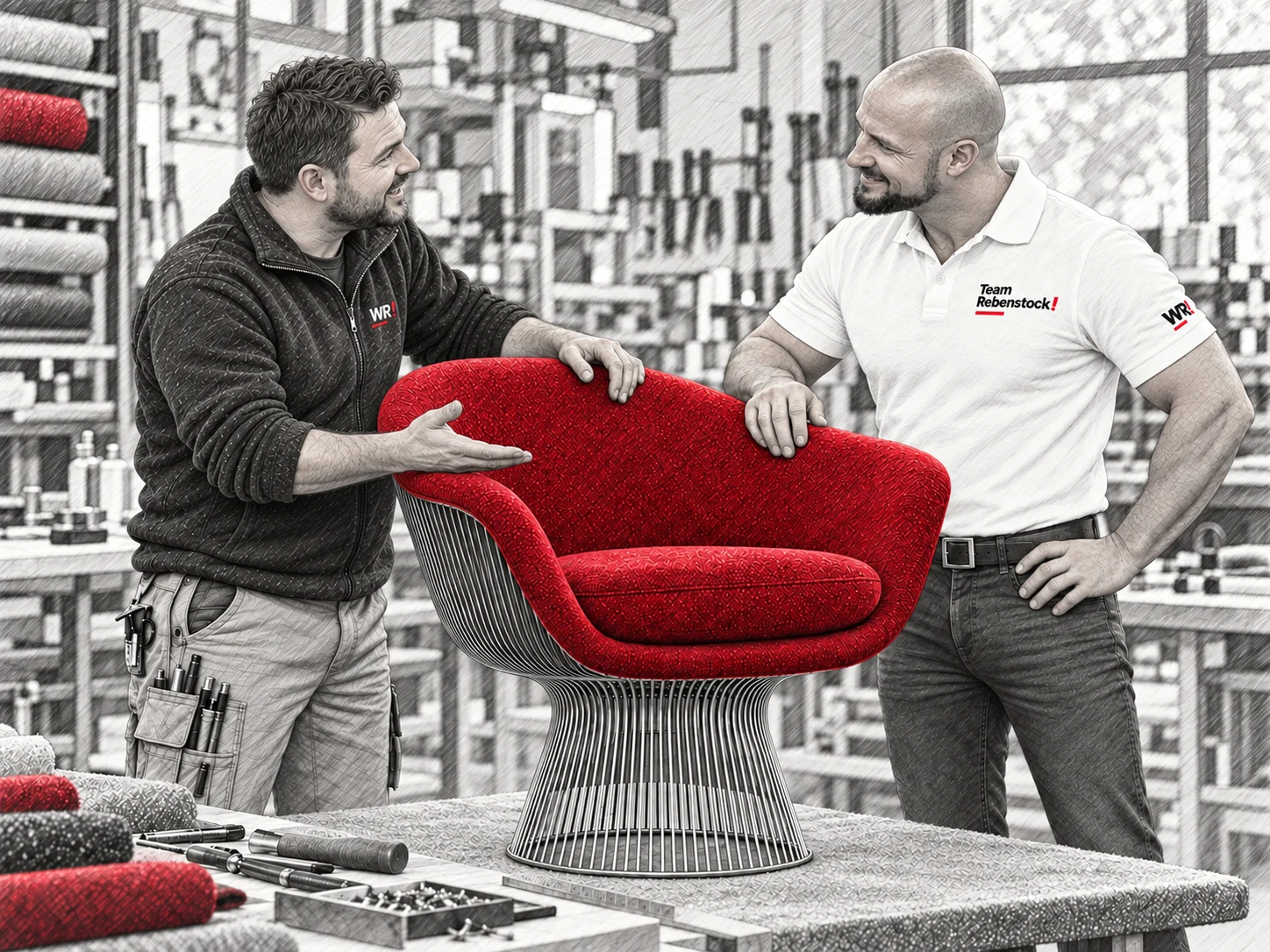 Gestaltete Szene: Thorsten Philippi und ein Meister besprechen mit Blickkontakt das fertig bezogene Knoll-Möbel